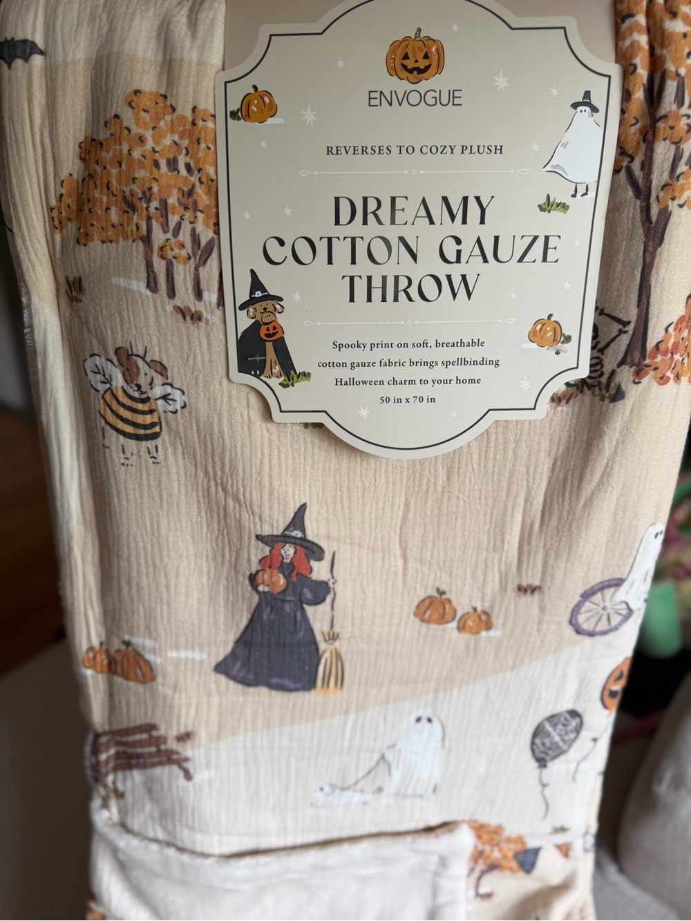 Envogue halloween toile bats witch dogs ghosts soft cotton gauze throw blanket